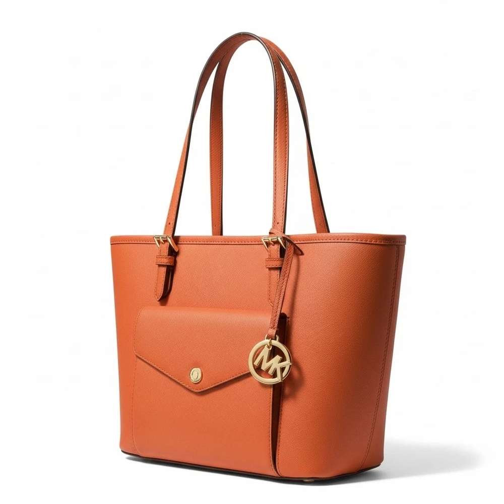 Michael Kors Jet Set Travel Tangerine Saffiano Leather Pocket Tote
